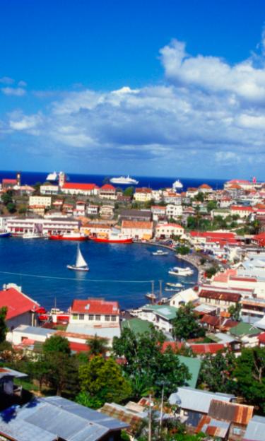 Image features Grenada town and harbour.